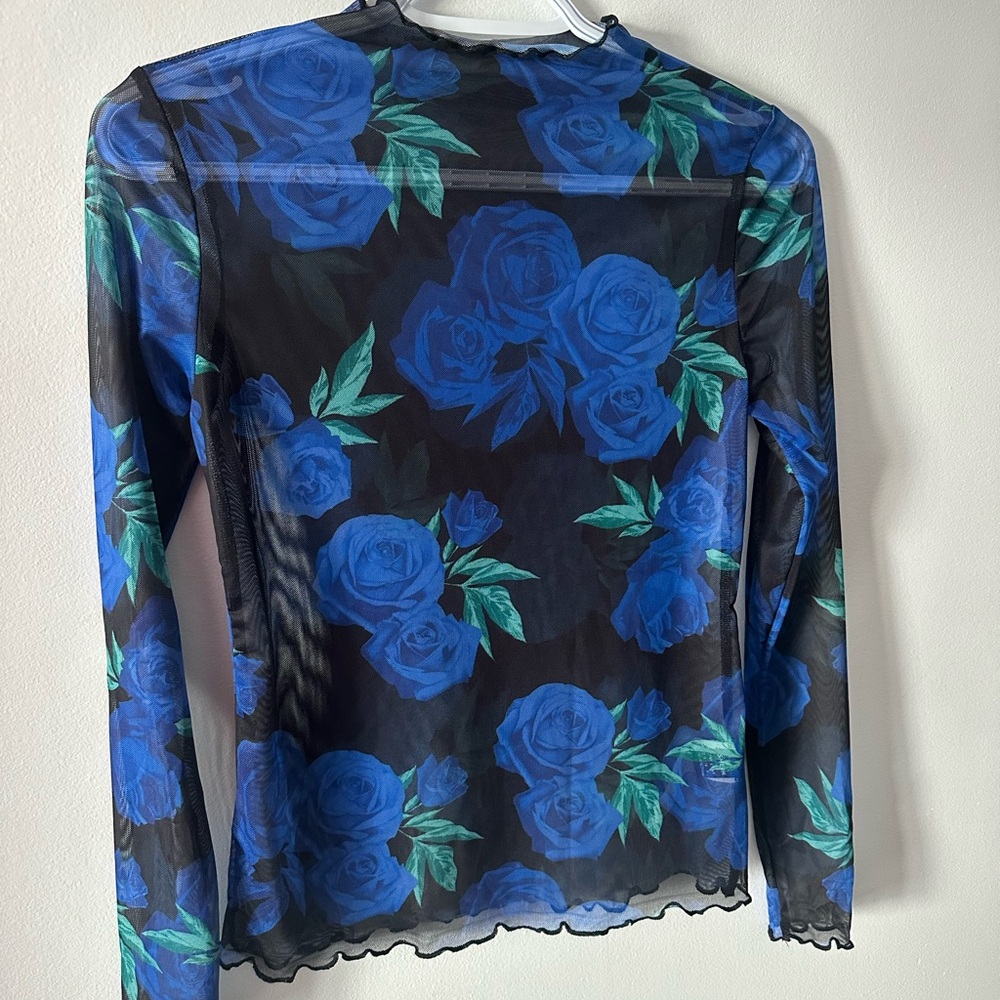 Floral Mesh Long Sleeve Top - Blue and Green